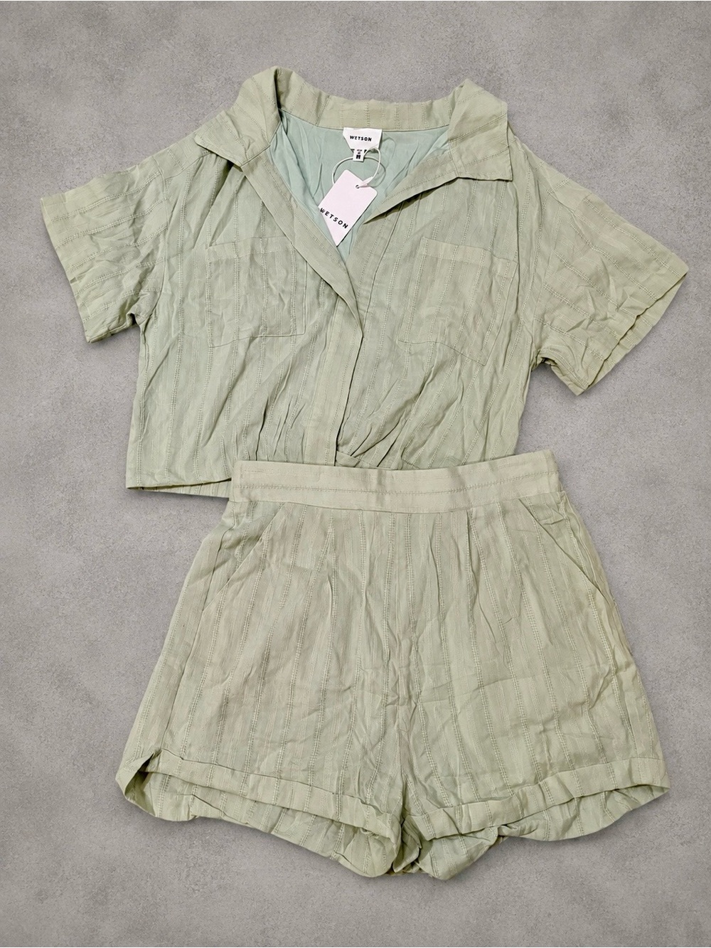 HEYSON Womens M Sage Green Textured Crop Top High Rise Shorts 2 Piece Set NWT